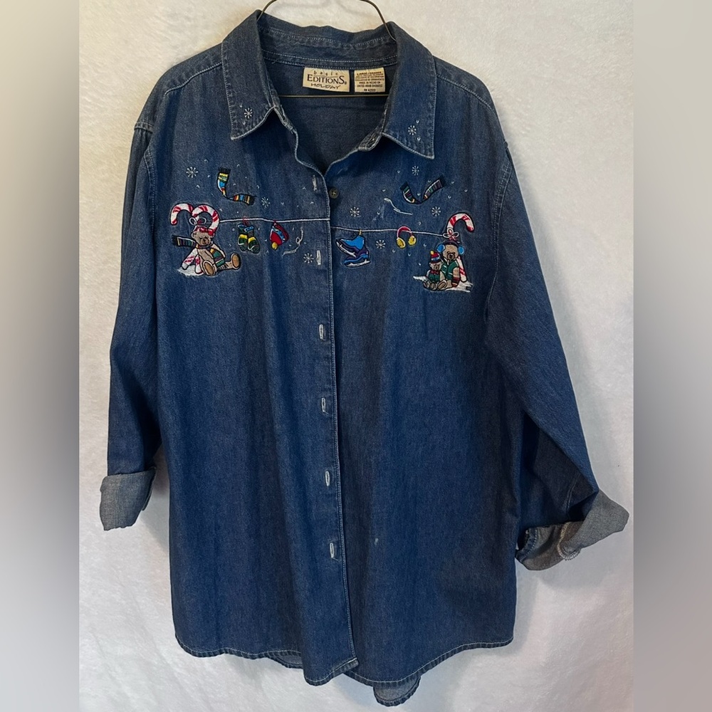 #C-27 Christmas Embroidered Denim Shirt….Sz Large